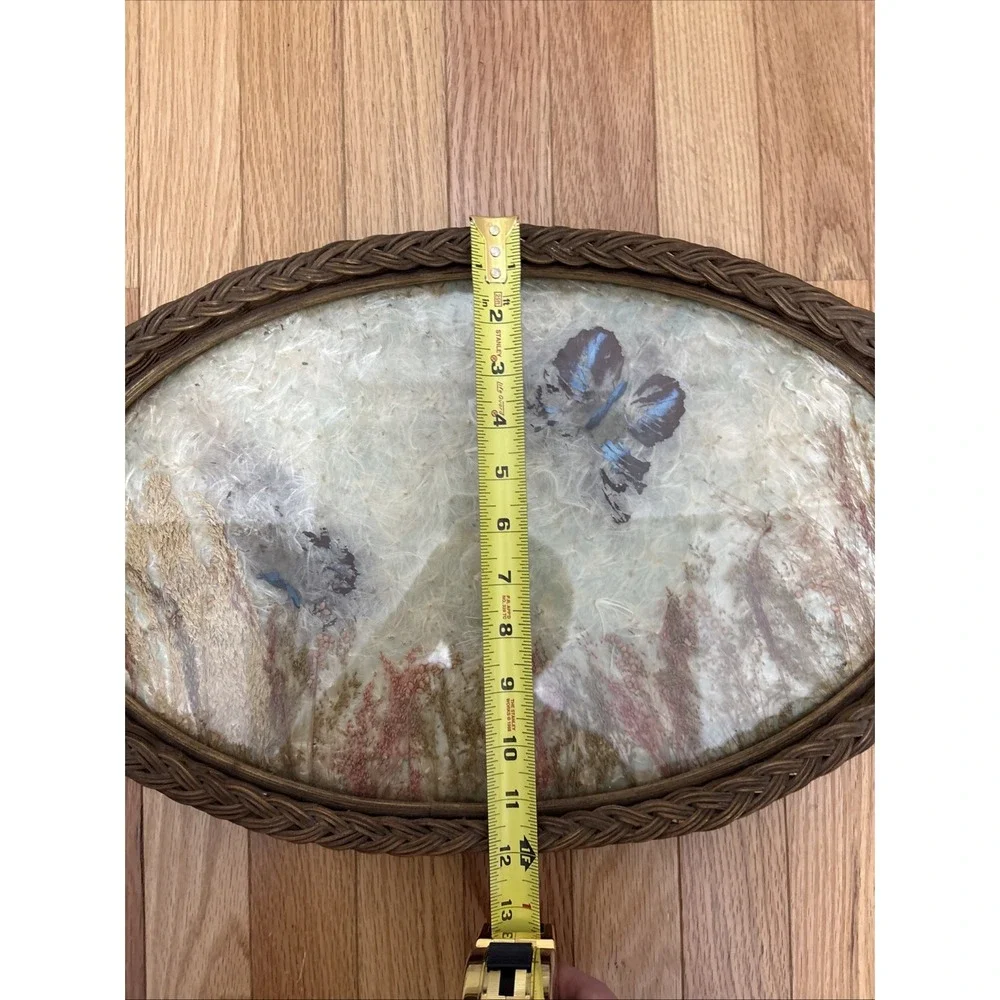 Wicker Oval Serving Tray Real Pressed Butterfly Dried Flower Vintage Glass 19